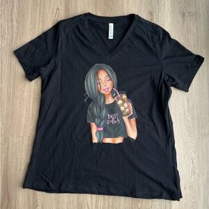 Boss vibes coffee dark hair black v-neck t-shirt size large Bella + canvas